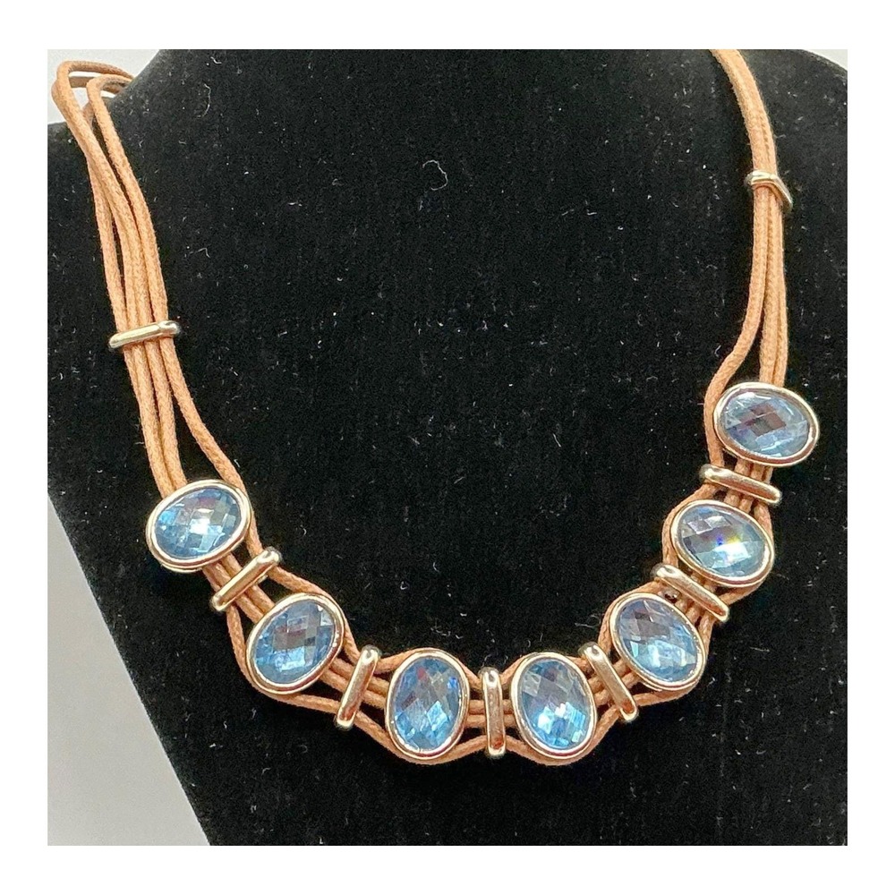 St Thomas Gold Tone Blue Gem Necklace Bracelet Set  Tan Cord Leather Style